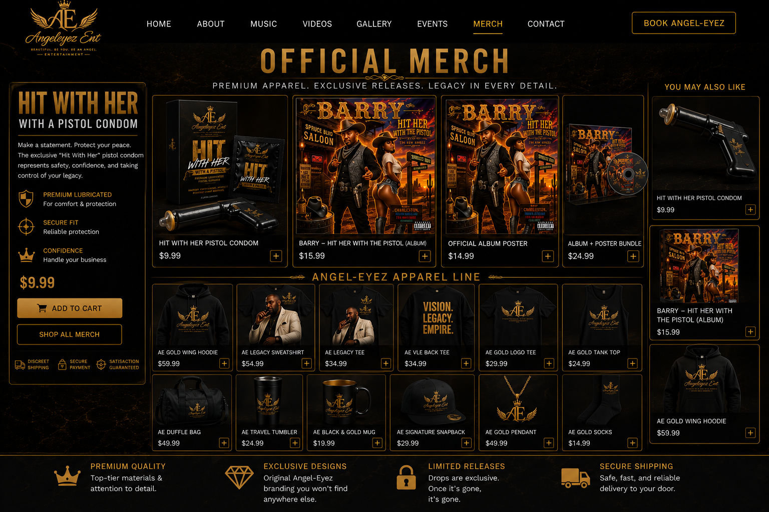 Angel-Eyez official merch storefront featuring the album, apparel line, accessories, and Hit With Her novelty product