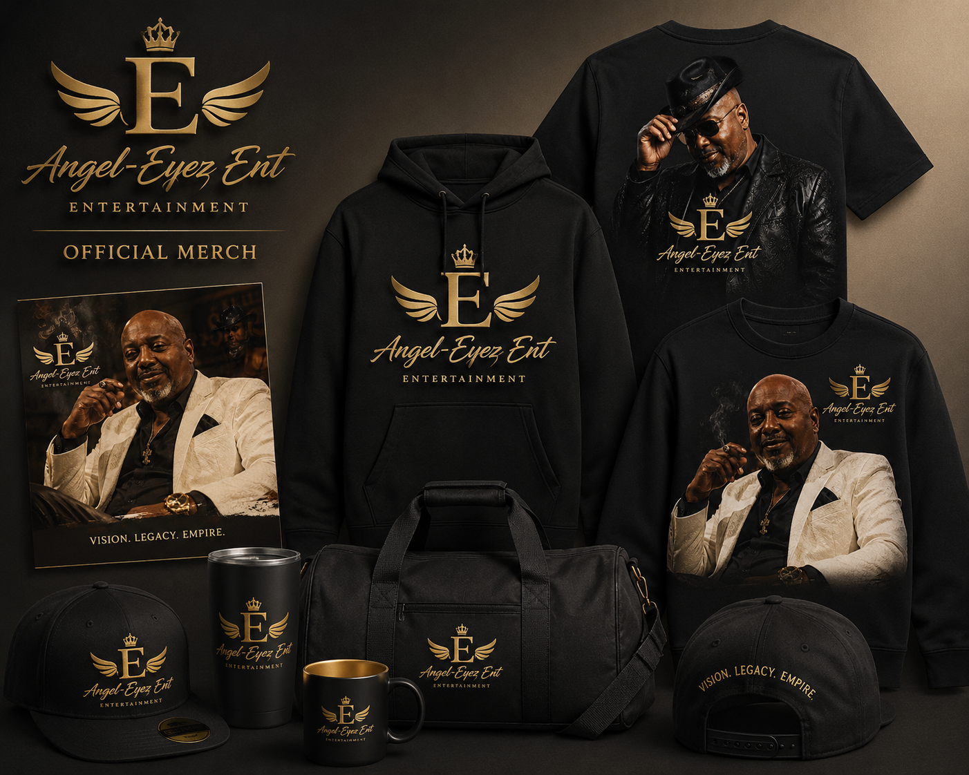 Angel-Eyez Entertainment official merchandise collection featuring shirts, hoodies, hats, drinkware, and a duffel bag